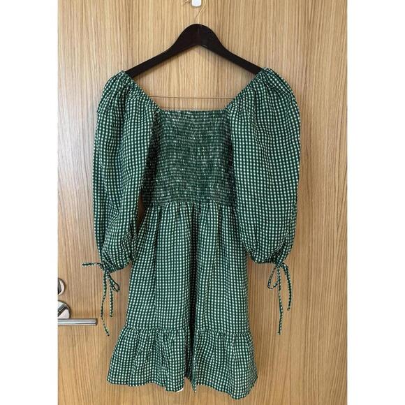 Faithfull The Brand Romina Linen Dress Smocked Green Gingham Sundress Size 4 - Picture 2 of 5